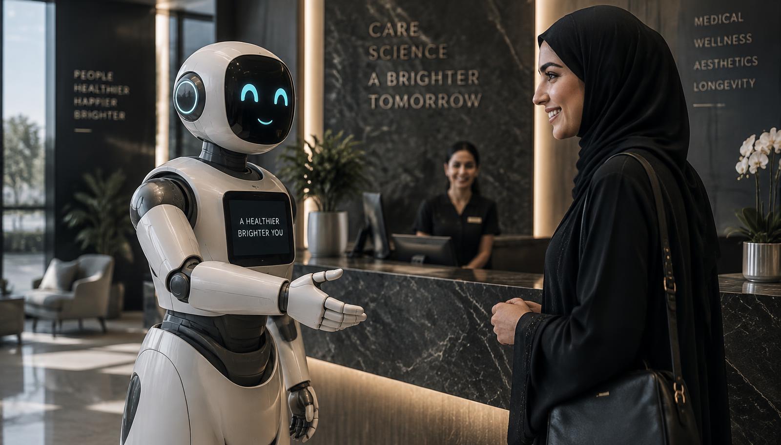AI receptionist greeting a customer at a clinic front desk